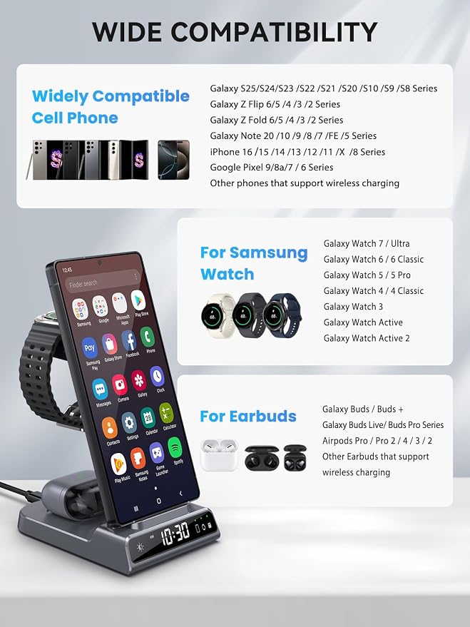 Wireless Charger for Samsung Charging Station with Clock for Samsung Galaxy S25 Ultra/S24/Z Flip 7/Z Fold 6/Bud, 3 in 1 Android Charging Station, Watch Charger for Samsung Galaxy Watch 8/7/6/5 (Grey)