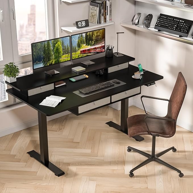 Kingant Electric Standing Desk with 4 Drawers,USB Charging Ports 63"x 30" | Ergonomic Height Adjustable Large Workstation, Heavy-Duty Sit Stand Up Desk For Home Office Daily Work,Black