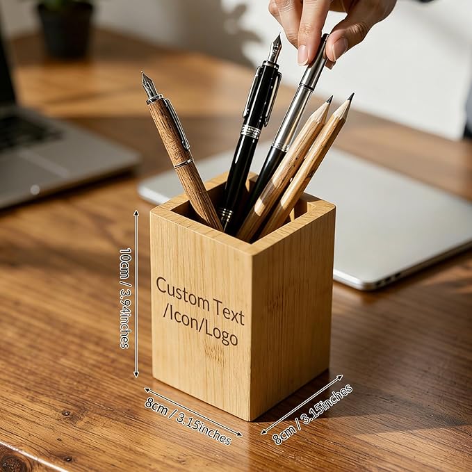 Personalized Wooden Pencil Holders & Pen Holders, Custom Pencil Cups for Desk, Unique Gifts for Colleagues Teachers Students Friends (Bamboo - Square)