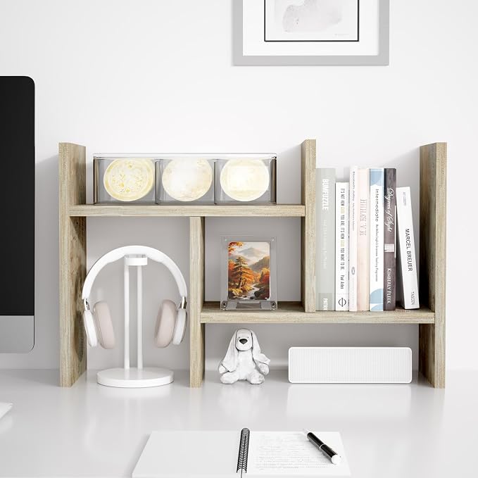 Jerry & Maggie Desktop Organizer Office Storage Rack Adjustable Wood Display Shelf Free Style Double H, Multi-Functional Mini Bookshelf for Desk Natural Stand (Gray Oak)