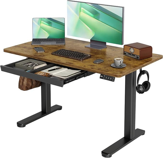 Claiks Electric Standing Desk with Drawers, 48 x 24 Inches Rustic Brown | Sturdy steel frame supports 176 Lbs, 25.6 x 11.8 Inches plastic drawer with 11 Lbs capacity
