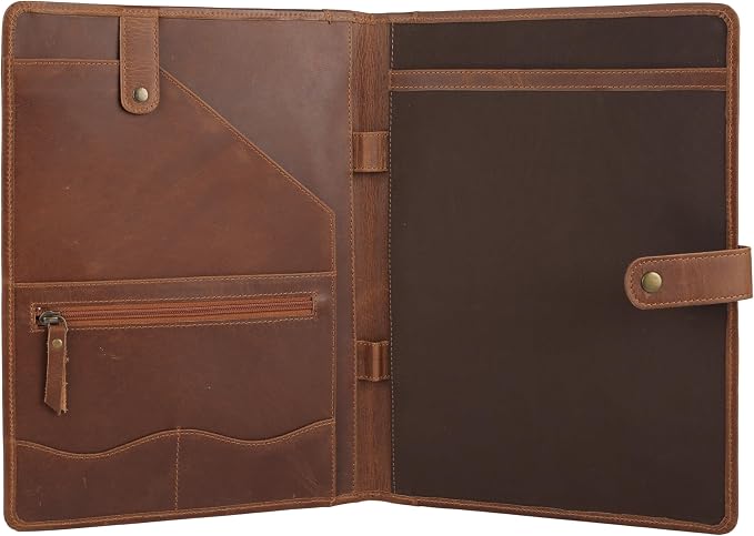 KomalC Leather Portfolio Folder with Button Closure | Business Padfolio for Professionals | Vintage Organizer with Legal Pad Holder, Card Slots & Document Pockets (Serena)