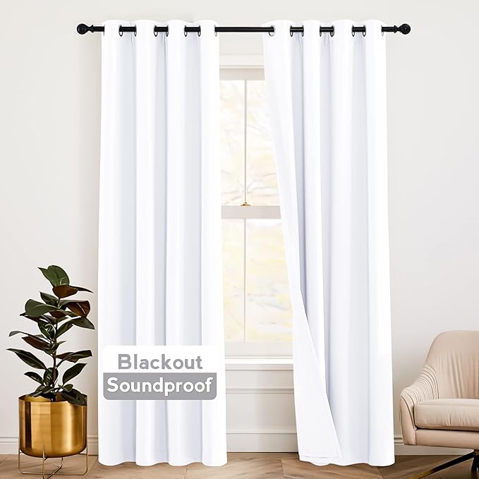 RYB HOME Soundproof Blackout Thermal Insulating 3 in 1 Set Curtains 3 Layers Heavy Grommet Drapes for Bedroom Living Room Divider Curtains High Ceiling Window, Pure White, 52 x 108 inches, 2 Pcs