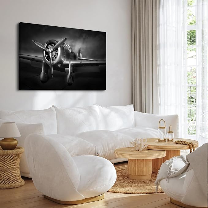 Large Propeller Aircraft Wall Art Black and White Airplane Bedroom Wall Decor for Living Room Close-up Plane Engine Pictures Canvas Prints Military Fighter Paintings Artwork Home Decorations 32x48"