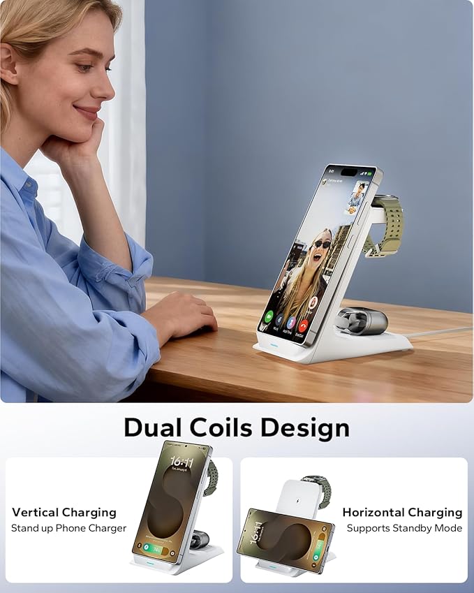 3 in 1 Charging Station for Samsung for Thick Cases of 10MM/Otterbox/Heavy Duty, Wireless Charger for Samsung Galaxy S26 Ultra/S25/S24, Phone Charger Stand for Galaxy Watch and Buds(White)