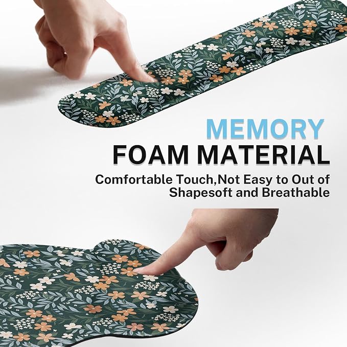 Vintage Green Floral Wildflower Ergonomic Mouse Pad Set with Wrist Rest Non-Slip Rubber Base Wrist Cushion Support and Coasters Mousepad with Wrist Support for Computer Keyboard and Desk