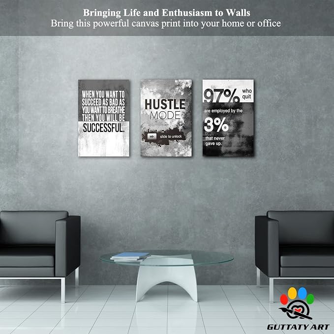 Office Wall Art - 3 Panel Motivational Canvas With Inspirational Quotes for Home and Company Decor, Positive Entrepreneur Words Poster Frame 16"x24"x3Pcs