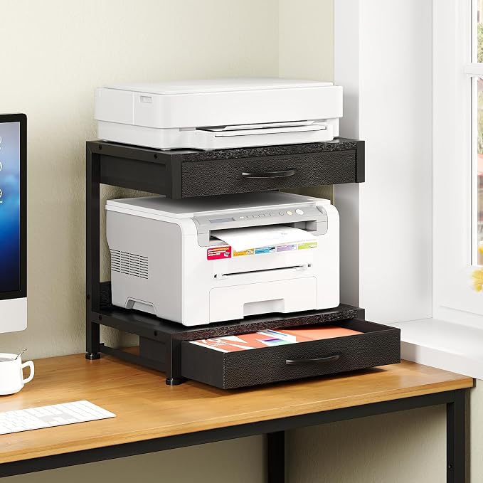 VENNQD 2-Tier Desktop Printer Stand with 2 Fabric Drawers, Prtiner Table with Storage Shelf, Desk Organizer for Home Office,3D Printer,Fax Machine,Scanner (Black, 2 Tier)