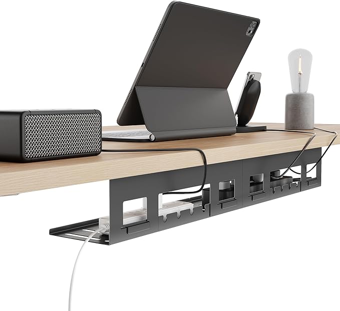 Under Desk Cable Management Tray, 31.5'' Screw-Mount Steel Rack | Metal Cord Organizer for Power Strips, Chargers, Reversible Installation, Effortless Wire Management for Home Office, Black