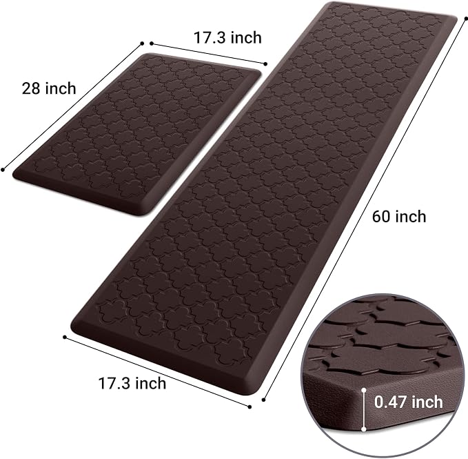 Kitchen Mat [2 PCS] Cushioned Anti-Fatigue Floor Mat Water Resistant Non-Skid Kitchen Mats and Rugs Ergonomic Comfort Foam Kitchen Rugs Standing Mat for Floor Office Sink Chocolate,17.3"x28"+17.3"x60"