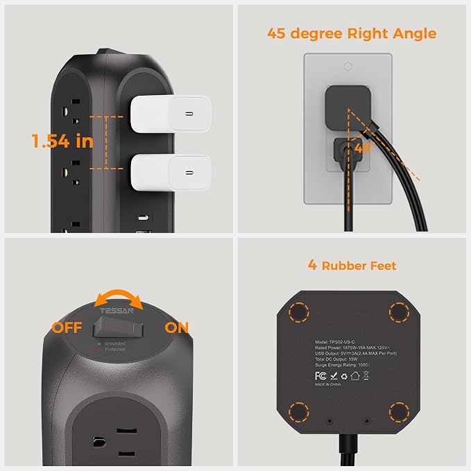 TESSAN Tower Power Strip Flat Plug with 11 Outlets 3 USB (1 USB C), Surge Protector Tower 1625W/13A,1050J Protection, 10 Feet Extension Cord with Multiple Outlets, Dorm, Office Desk Supplies, Black