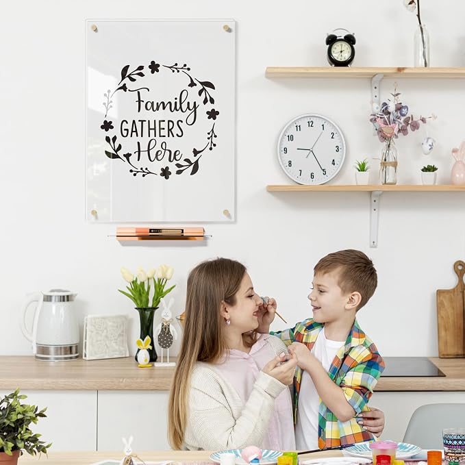 YEOUX Glass Dry Erase Whiteboard - 17x23 Ultra Clear Glass White Board for Wall with Wooden Based Floating Marker Tray, Non-Magnetic Writing for Kitchen, Home and Office.