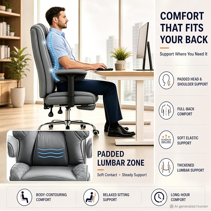 Big and Tall Office Chair，Heavy Duty Wide Executive Office Chair(Grey) | Breathable Leather，Double-layered Backrest，Seat Cushion Designed of Deluxe Embroidery Leather，Foot Rest, Adjustable Armrests