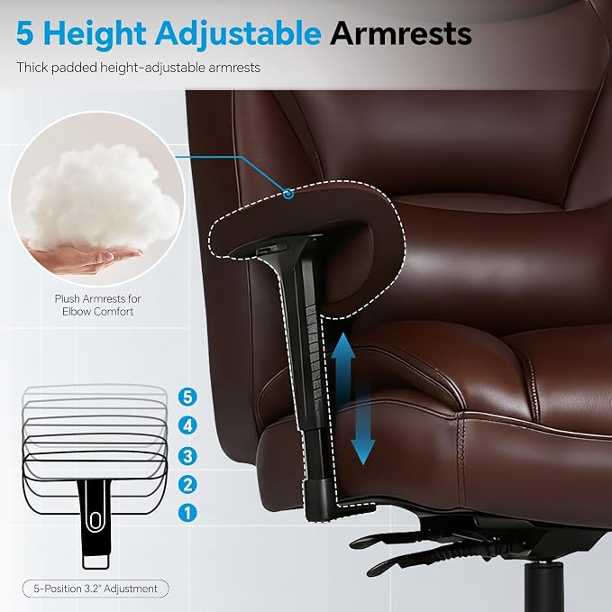 Big and Tall Office Desk Chair with 5-Position Armrests, 650 LBS Heavy Duty Executive Office Chair Comfy, Extra Wide Seat, High Back Computer Chair with Lumbar Support, Reclining Tilt Lock (Brown)