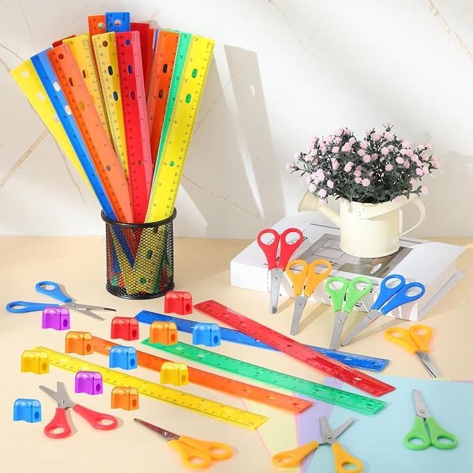 AmazingSpark 240 Pcs Back to School Supplies Kit Include 80 Clear Plastic Ruler 12 Inch 80 Safety Blunt Tip Student Scissors 80 Miniature Pencil Sharpeners with Cover for Classroom School Office