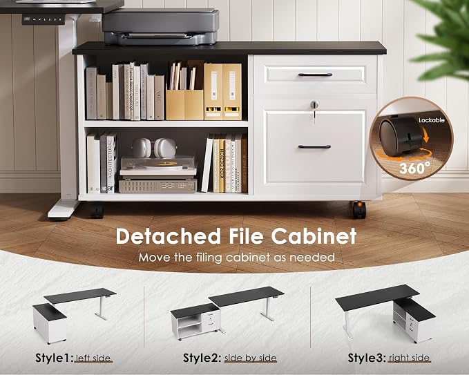 OffiGo 55 Inch L Shaped Electric Standing Desk with Drawers & File Cabinet Sets, Executive Sit Stand Desk, Height Adjustable Computer Desk for Home Office, Writing, Workstation, Black+White