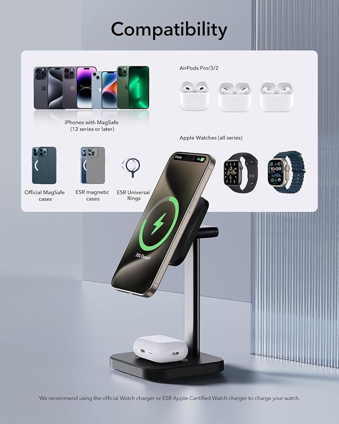 ESR 2 in 1 Charging Station for Apple, MagSafe Charger Stand for iPhone [Certified], Magsafe Charging Station for Multiple Devices iPhone 17e/17/16/15/14/13/12, Apple Watch, & AirPods, Black