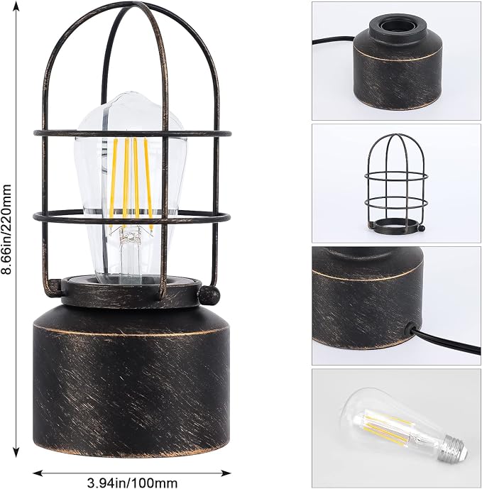 Haian Support 𝗦𝗺𝗮𝗹𝗹 𝗧𝗼𝘂𝗰𝗵 𝗧𝗮𝗯𝗹𝗲 𝗟𝗮𝗺𝗽 for Small Spaces - 3 Way Dimmable Industrial Bedside Lamp - Steampunk Antique Nightstand Desk for Bedroom, Living Room (Bulb Included)
