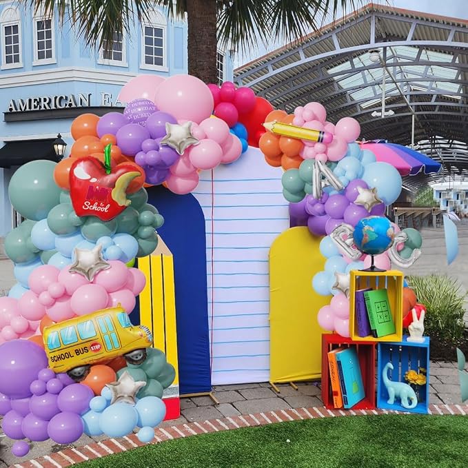 Back to School Balloon Arch Kit,Retro pink purple green Balloons Pencil Apple Bus ABC Foil Balloons for Welcome Back To School Classroom Party First Day of School Kindergarten Decorations