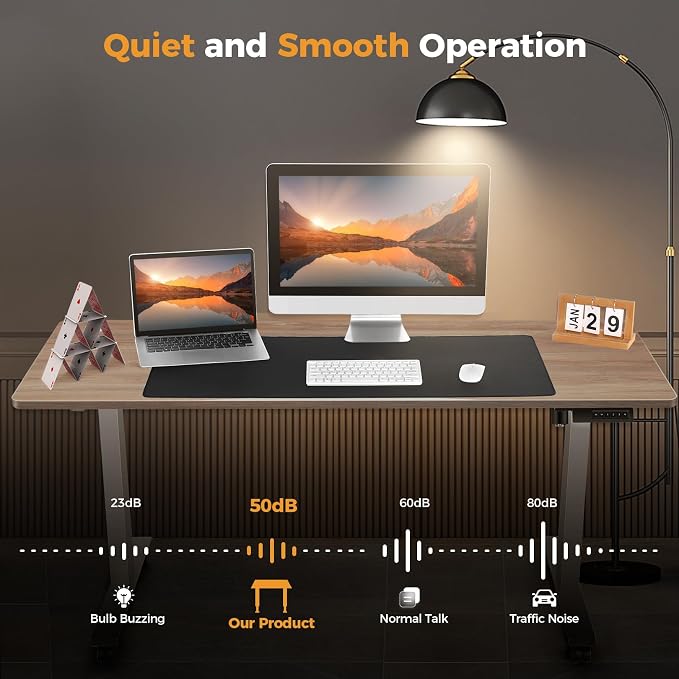 Electric Standing Desk 63 x 24 Inches Adjustable Height Ergonomic Sit Stand Up Curved Desk for Home Office Computer Desk Memory Preset with Wheels and White Frame/Oak Top