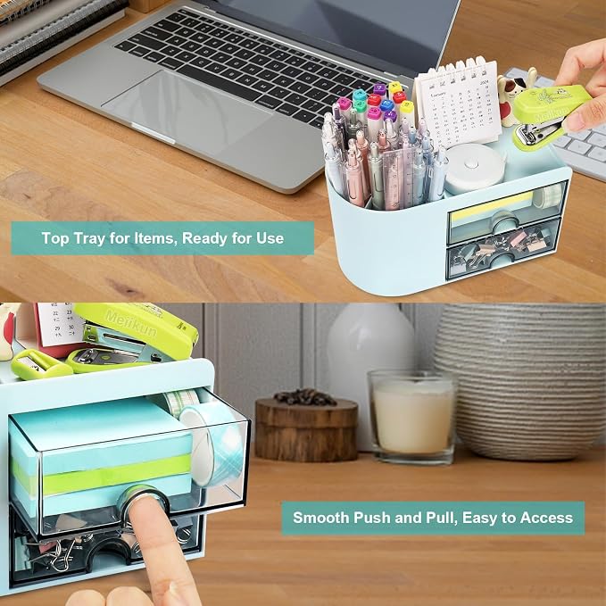 Meiikun Desk Organizer with Drawer, Pen Organizer for Desk, Small Pencil Holder, Desk Organizers and Accessories for Office Home Storage (2 Drawers+4 Compartments, Blue)