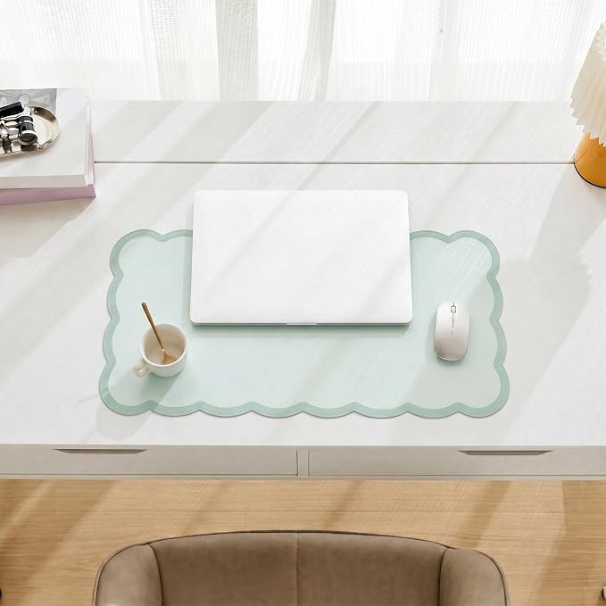 Scalloped Desk Mat, 23.6" x 11.8" Cute Small Aesthetic Desk Accessories, PU Leather Computer Laptop Desk Mouse Keyboard Pad, Desk Writing Mat for Vanity/Work/Home Decor Sage Green