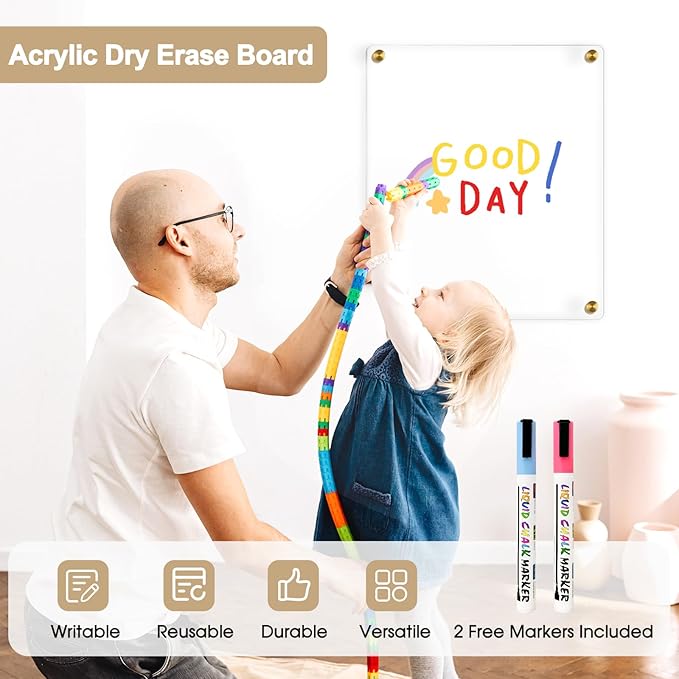 Clear Acrylic Dry Erase Board, 12" X 14" Golden Non-Magnetic Frameless Acrylic White Board for Wall, Clear Erasable Menu Board for Wall, Home, Office, School, 2 Markers