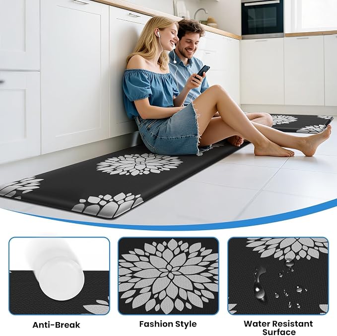 2PCS Kitchen Mats for Floor, Anti Fatigue Non-slip Larger Black Rug | Soft Kitchen Rugs for Home, Cushioned Standing Desk Mat, Comfort Mat for Office, Sink, Laundry, 17.3" x 59" + 17.3" x 30"