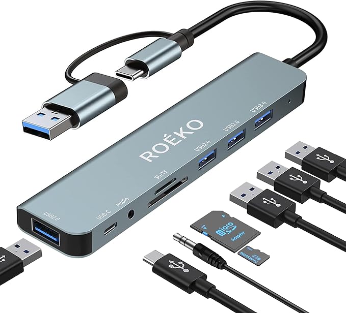 USB Hub,USB C hub multiport Adapter, USB Splitter with 1xUSB 3.0,4xUSB2.0,2 x USB C,USB c hub for MacBook Pro/PC/Laptop/Tablet Devices (Grey 8 in1)