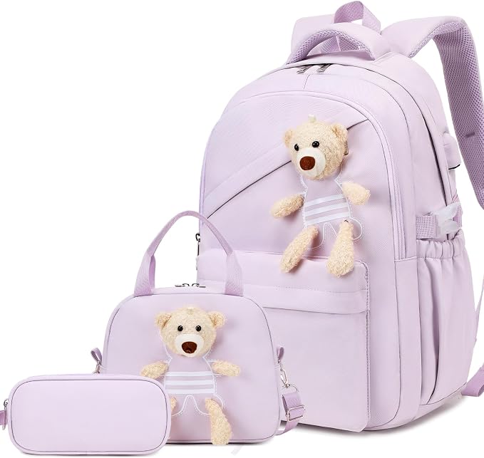 ACESAK School Backpack for Girls - 3 PCS Cute Girls Backpack with Lunch Box & Pencil Case - Kawaii Casual Kids Bookbag School Bag Daypacks Set for Elementary Middle High School Student Teens (Purple)
