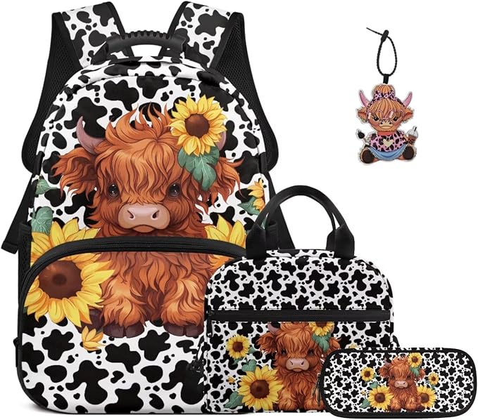 ZFRXIGN Highland Cow Kids Backpack for Boys Bookbag with Cute Pendant 17inch Elementary School Girls Bag and Insulated Lunch Box Portable Pencil Case Cow Print