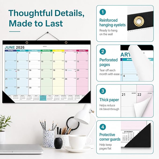 Desk Calendar 2026-2027 - Ougesi 19 Month Desk Top Calendar June 2026 - Dec 2027,17x12 Academic Desk Calendar with Thick Paper, Large Blocks for Home & Office (Colorful)