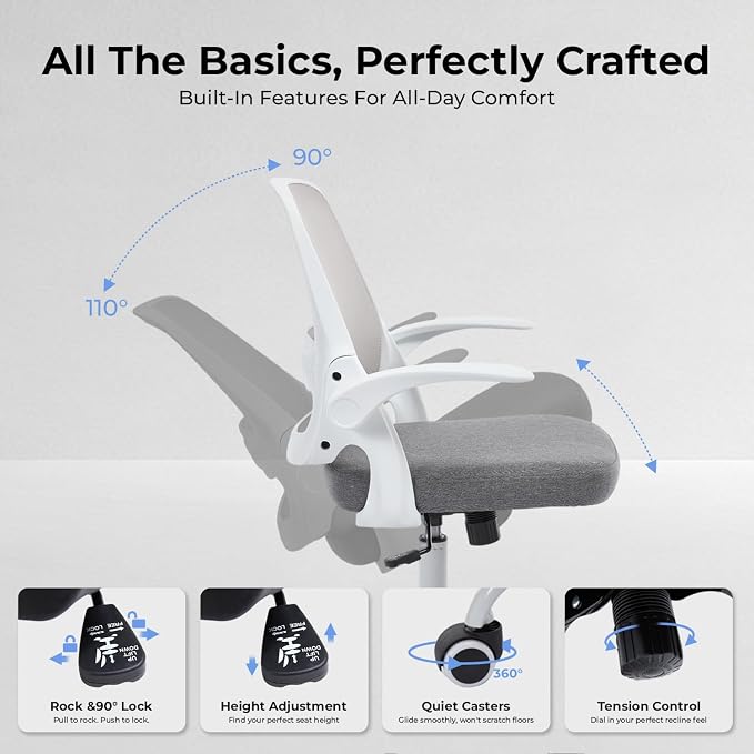 Ergonomic Mesh Office Chair for Home Office, Flip-Up Arms, Breathable Mesh Back & Thick Seat Cushion, Swivel Rolling Computer Desk Chair – BIFMA Certified, Supports 300 lbs (White Frame/Gray Seat)