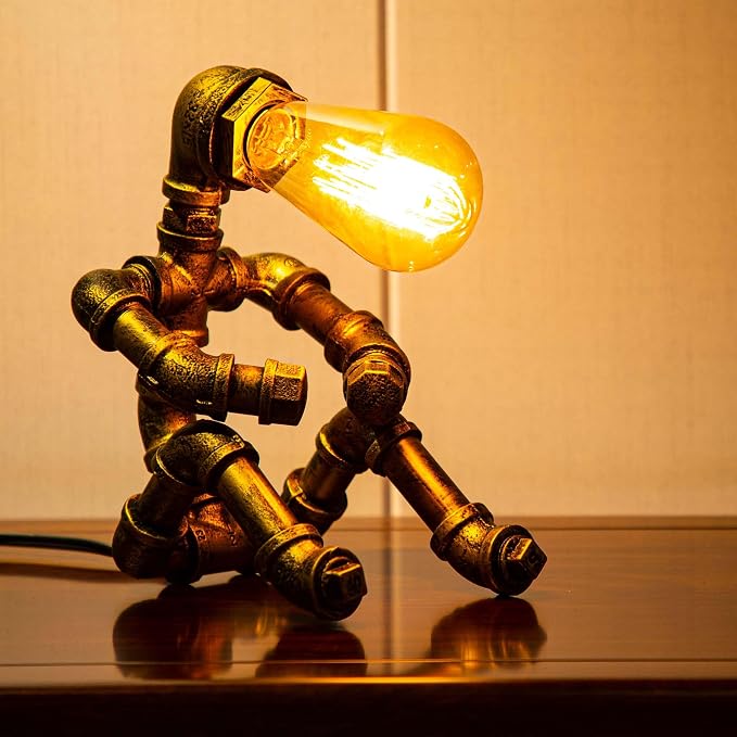 Steampunk Table Lamp, Vintage Industrial Metal Robot Table lamp, Water Pipe Table Lamp, Robot Style Desktop Light for Bedside Desk Bar Cafe Desktop Room Decoration