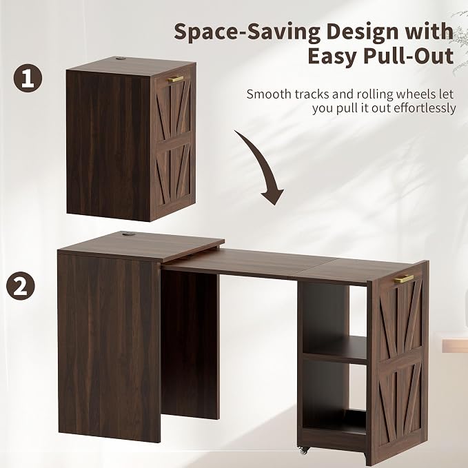 Foldable Desk with Charging Station, Rolling Home Office Desk with Storage Shelf, Pull-Out Computer Table for Small Spaces, Bedrooms, Apartments, and Dorms, Walnut