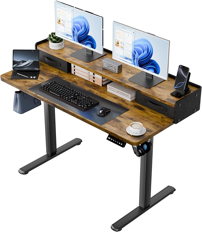 YESHOMY 48" x 23" Electric Standing Desk with 2 Drawers, Height Adjustable Computer Desk, Low Noise Home Office Stand Up Desk with 2 Preset Heights & 2 Hooks, Rustic Brown