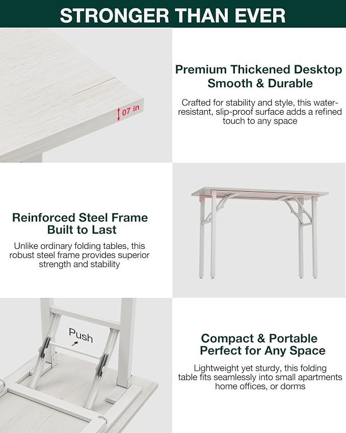 Frylr Small Folding Computer Desk – 55.1 Inch Portable Table for Craft and Study, Lightweight Desk for Small Spaces, Foldable Laptop Table Built-in AC/USB Outlets for Convenience, White Ash