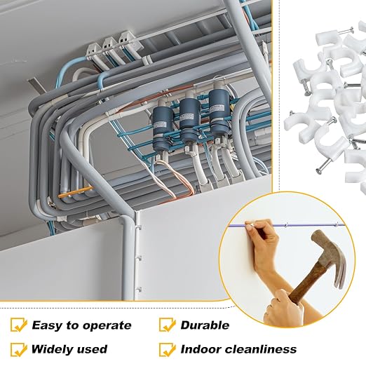 MAQIHAN Cable Clips - 100PCS, 8mm 10mm Wire Staples with Steel Nails, White | Wall Cable Management, Wire Wall Clips, Wire Staples, Cord Holder for Wires, Ethernet, Cord Organization