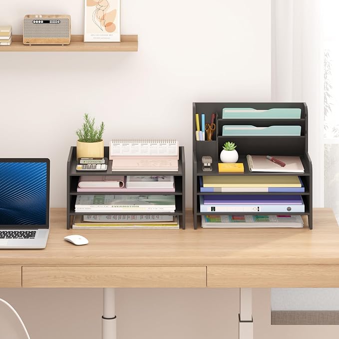 Bamboo File Organizer for Desk, Desktop Paper Tray and Mail Holder | Three open tiers keep A4/letter paper, folders, bills and mail sorted, visible and easy to reach while saving desk space