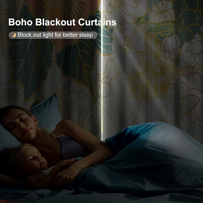Boho Blackout Curtains for Bedroom and Living Room, Bohemian Floral Patterned Black Out Curtains 84 inch Long 2 Panels Set, Grommet Thermal Insulated Sound Proof Room Darkening Nursery Window Drapes