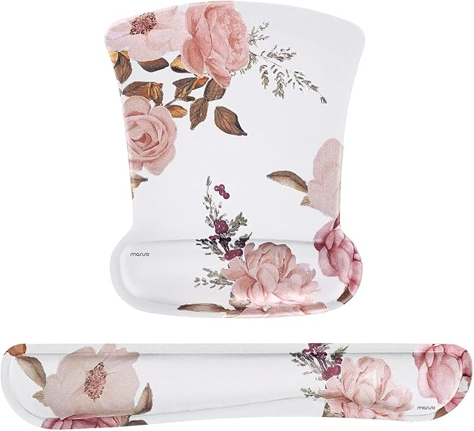 MOSISO Wrist Rest Support for Mouse Pad & Keyboard Set, Peony Ergonomic Mousepad Non-Slip Base Home/Office Pain Relief & Easy Typing Cushion with Neoprene Cloth & Raised Memory Foam, White