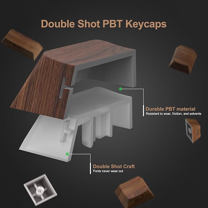XVX PBT Keycaps - Side Print Shine Through Custom Keycaps 60 65 75 100 Percent, Retro Dye Sub & Double Shot Key caps Set 126 Keys, Cherry Profile for Mechanical Keyboard, Walnut Textures