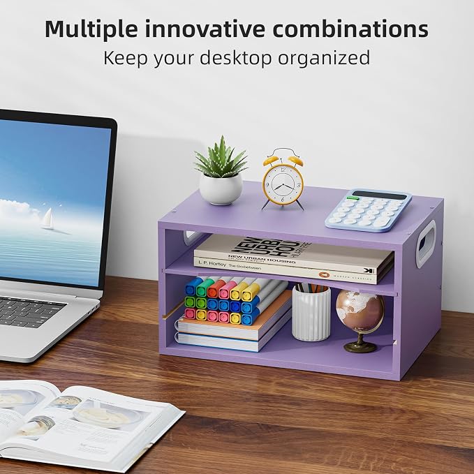Marbrasse 3 Tier Wood Desk Organizer, Paper Letter Tray Organizer，Purple | Wooden Desktop File Organizer with Handle and Paper Sorter Mail Holder for Office School & Home Supplies Organization