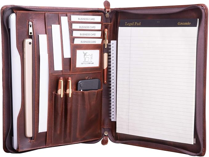 Genuine Leather Professioal Business Portfolio Padfolio Folder with Zipper for Men and Women,Work Portfolio for Letter Size Notepad, for Meeting and Travel, Oil Wax