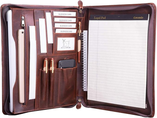Genuine Leather Professioal Business Portfolio Padfolio Folder with Zipper for Men and Women,Work Portfolio for Letter Size Notepad, for Meeting and Travel, Oil Wax