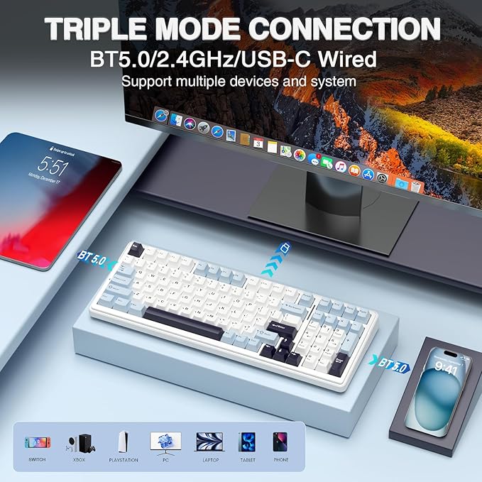 AULA F99 Wireless Mechanical Keyboard, Hot Swappable Custom Keyboard,Pre-lubed Linear Switches,Gasket Structure,RGB Backlit Gaming Keyboard (Blue&White) (Renewed)