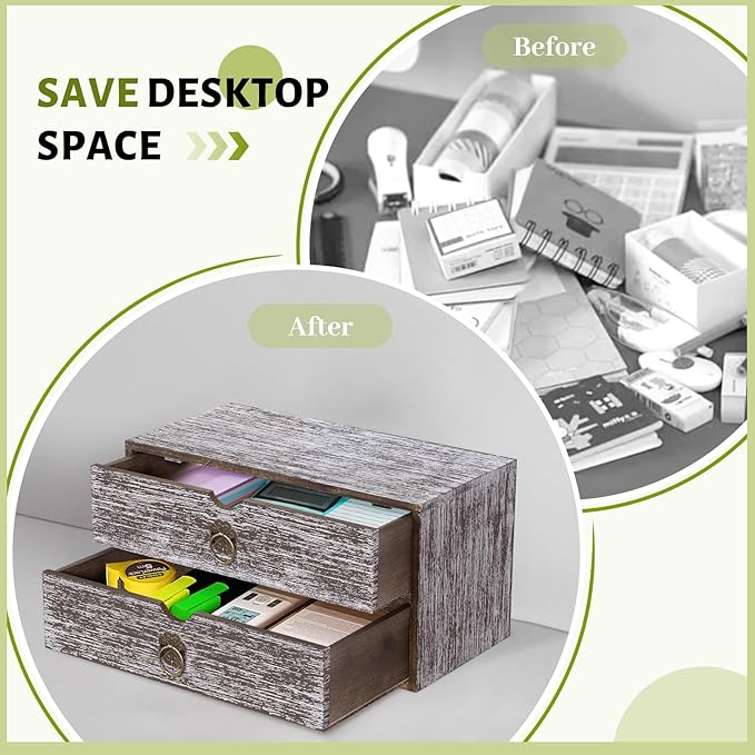 Wood Desk Organizer, Washed Brown Wooden Desktop Organizer with Drawer, Tabletop Storage Organization Box for Countertop, Home Office Supplies, Bills (2 Drawer)