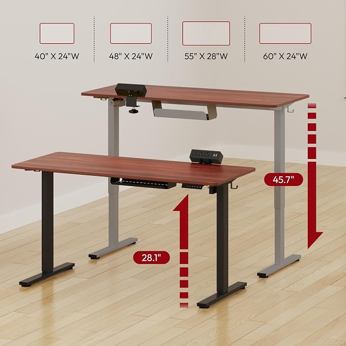 SANODESK Electric Standing Desk with Desk Clamp Power Strip 48"x 24" Whole-Piece Desktop Height Adjustable Stand Up Desk with Cable Management Sit Stand Home Office Desk Silver Frame/Mahogany Top