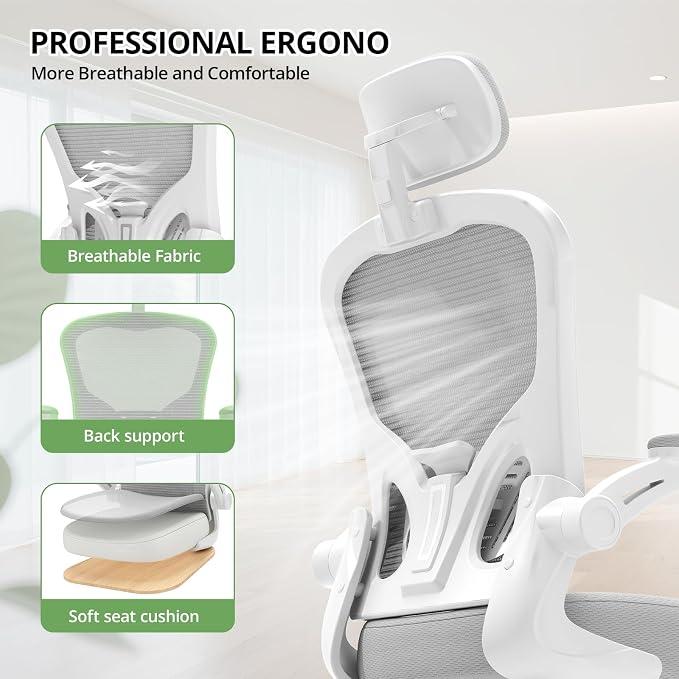 Synorla Office Chair Ergonomic Desk Chair, 330LBS Capacity, High Back Computer Design for Long Hours Comfort, Rolling Swivel for Home Office, Flip-up Armrests, White+Grey