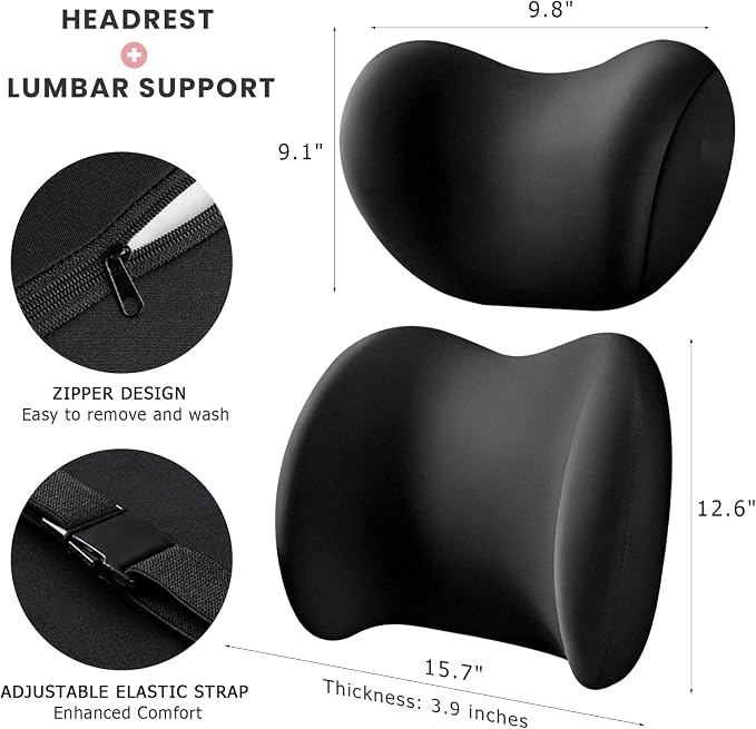2 PCS Car Headrest & Lumbar Support Cushion, Ergonomic Memory Foam Lumbar Pillow Neck Rest Cushion, Breathable Back Pillow & Headrest Support for Driving Seat, Car Accessories (Black)